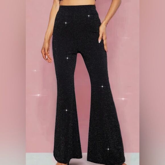 SHEIN NEW PRIVE ALL OVER GLITTER FLARE LEG PANTS BLACK  LARGE HOLIDAYS PARTY - Picture 3 of 6
